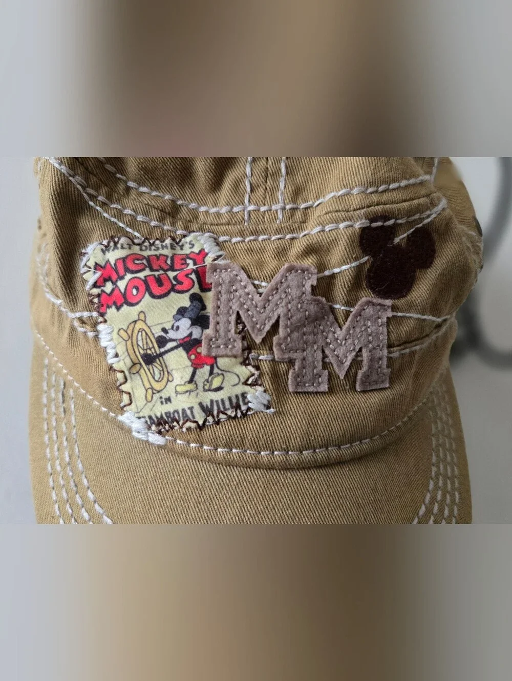 Disney Mickey Mouse Olive Green Millitary Style Hat Cap with White Stitching